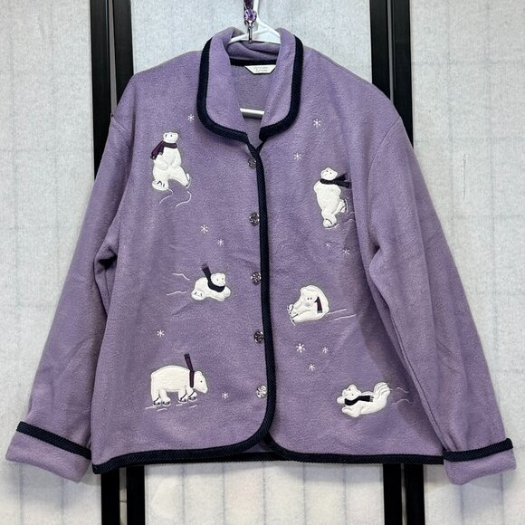Christopher & Banks Purple Polar Bear Embroidered Button Up L Fleece Jacket NWT - Picture 1 of 11